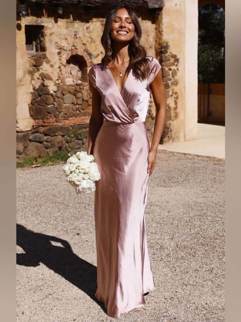 NWT Billy J Selma Formal Short Sleeve Satin Maxi Dress in Dusty Pink